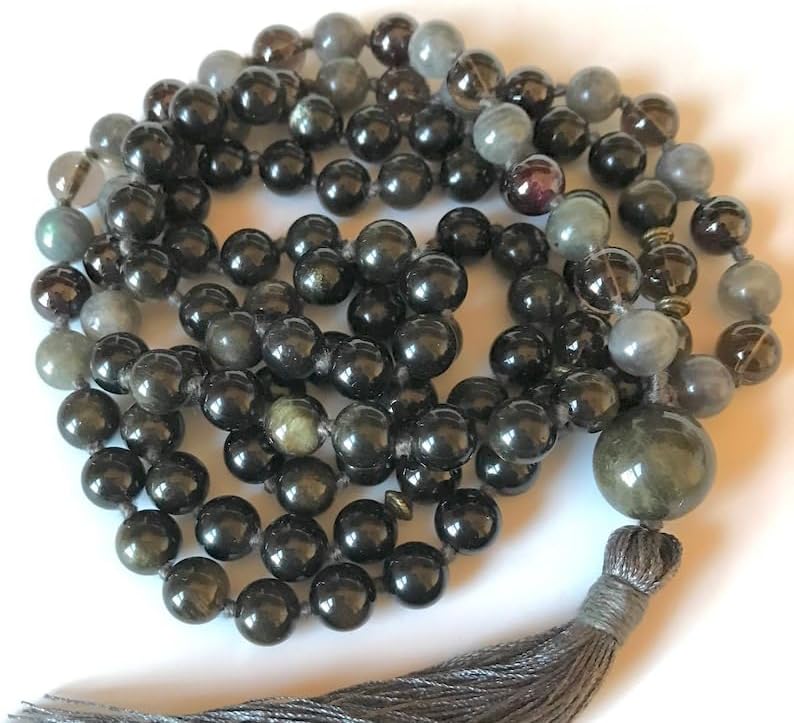 Natural Obsidian, Labradorite, Smoky Quartz, Garnet 8mm-14mm 108 Mala Beads, Spiritual, Meditation Beads, Reiki, Japa Mala, Buddhist Prayer Beads, Yoga Bracelet, healing beads LKMALA-RRGU-1029
