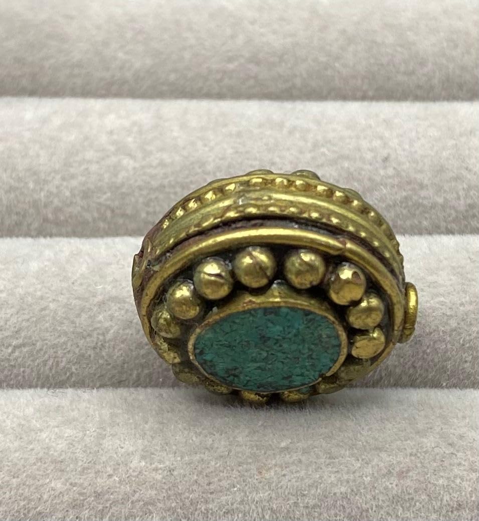 Nepali Tibetan Handmade Turquoise Brass Bead 20x12mm 10g | Round Inlay Ethnic Bead for Jewelry Making | Boho Tribal Loose Bead | Healing Craft Supply (50)