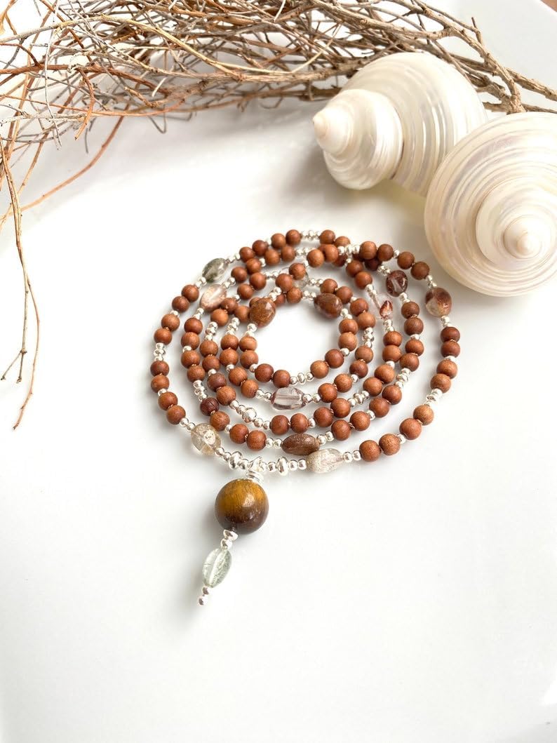 Natural sandalwood and inclusive quartz 5mm-6mm 108 Mala Beads, Spiritual, Meditation Beads, Reiki, Japa Mala, Buddhist Prayer Beads, Yoga Bracelet, healing beads LKMALA-RRGU-3486