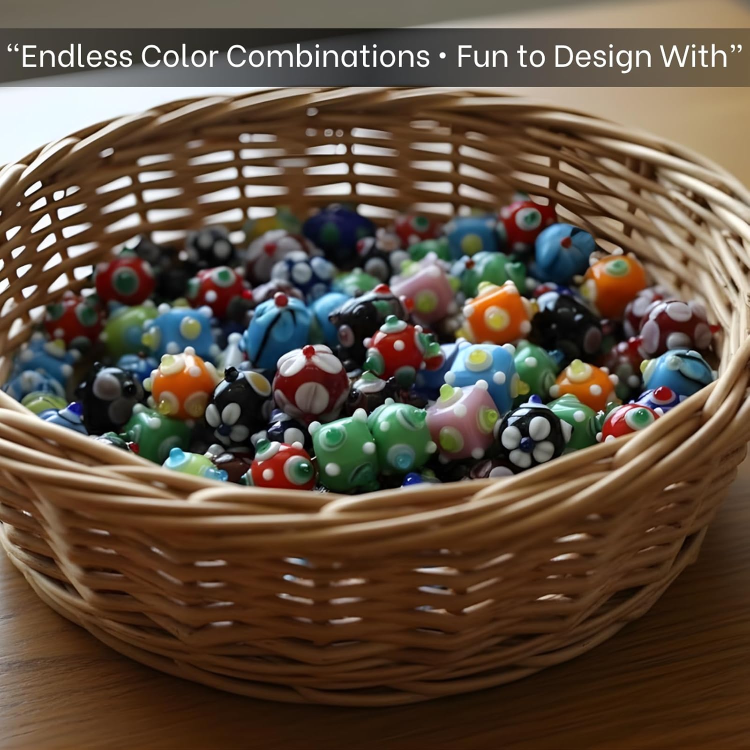 Handcrafted Colorful Lampwork Glass Beads | Murano Style Round Spacer Beads with Floral Dots | Available in 50 Strands | Assorted Beads for Jewelry Making, DIY Crafts.