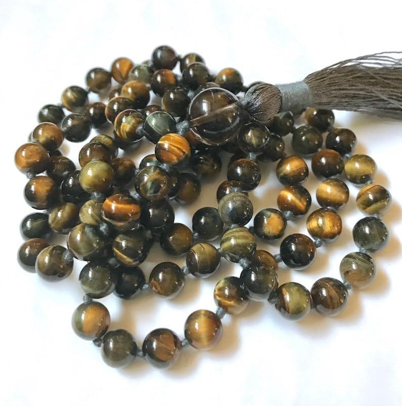 Natural Tiger's Eye,Smoky Quartz 8mm-14mm 108 Mala Beads, Spiritual, Meditation Beads, Reiki, Japa Mala, Buddhist Prayer Beads, Yoga Bracelet, healing beads LKMALA-RRGU-1012
