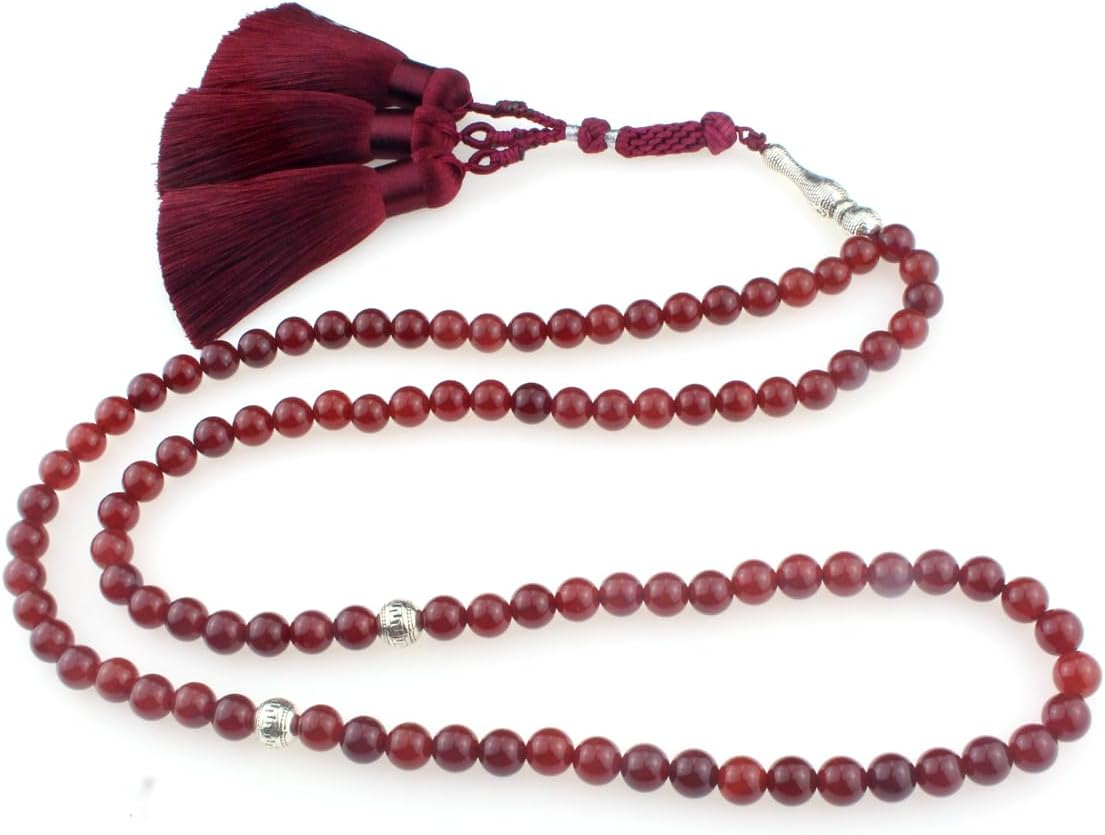 Muslims Islamic Dhikr Tasbeeh Tasbih Prayer Beads, 99 Red Agate Stone Beads with Tassel
