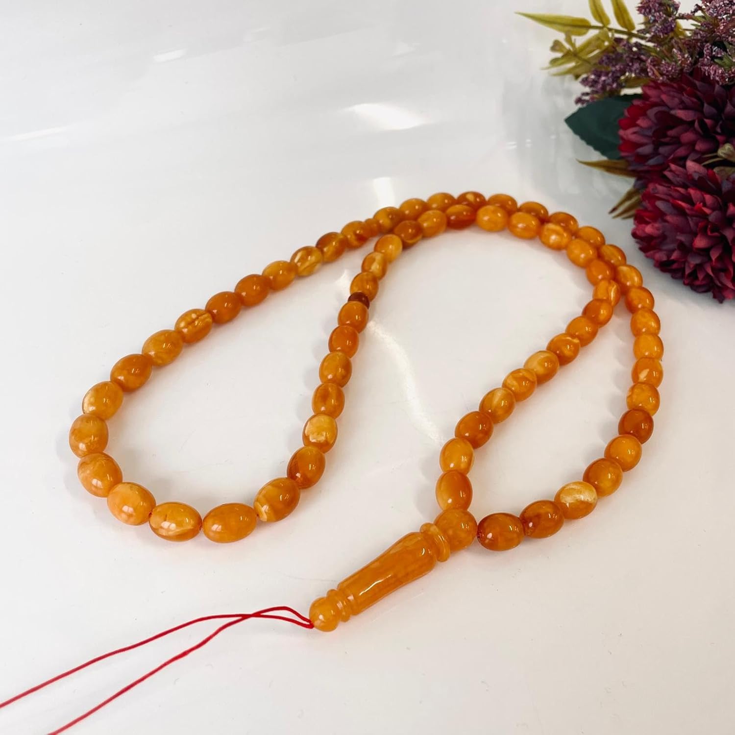 AMBERSTONE Muslim Prayer Beads Tasbih - Premium Handmade Baltic Amber Tasbeeh for Dhikr - Natural Orange Amber Islamic Rosary Misbaha Subha - 66 Beads / 41.8 g