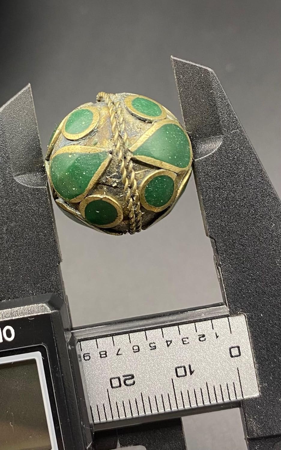 Antique Tibetan Brass Inlay Bead 25x22mm 4.5g | Vintage Green Stone Handmade for Jewelry Making | Ethnic Nepal for Necklace, Bracelet, Earring Craft | Old Tribal Boho Bead (50)