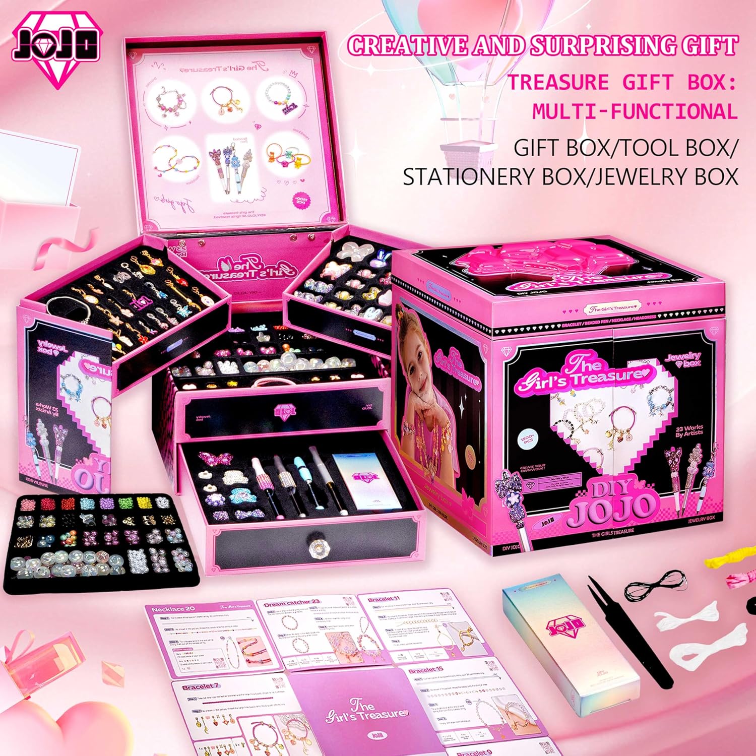 DIYJOJO Girls Treasure Gift Box, 1500pcs Jewelry Making Kits with Guided, 1 Dreamcatcher, 4 Beaded Pen, 15 Bracelet, 3 Necklace,4 Headdress, Christmas Birthday Gifts for 6-12 Year Old