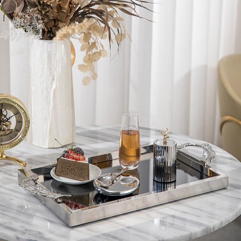 Cafeteria Tray Stainless Steel Mirror Tray Living Room Decoration Rectangular Light Luxury Tea Cup Red Wine Glass Storage Tray Serving Trays