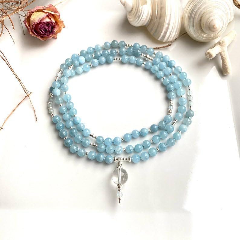Natural Aquamarine 6-7mm 108 Mala Beads, Spiritual, Meditation Beads, Reiki, Japa Mala, Buddhist Prayer Beads, Yoga Bracelet, healing beads LKMALA-RRGU-3425