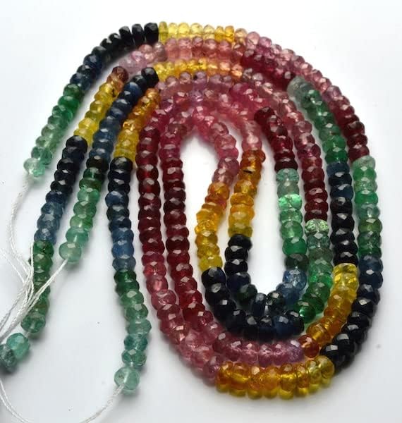 Beads Gemstone 1 Strand Natural 15 Inch Long Super Natural Multi Precious Faceted Rondelles Emerald, Ruby, Blue Sapphire,Yellow & Pink Sapphire 3.5 to 4 MM Code-HIGH-29575