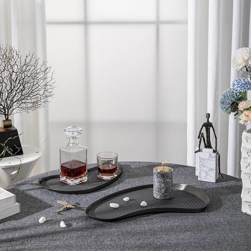 Tray Decor Simple Modern Metal Geometric Black Leather Tray Tray Living Room Sample Ornaments Storage Tray Food Tray(Medium)