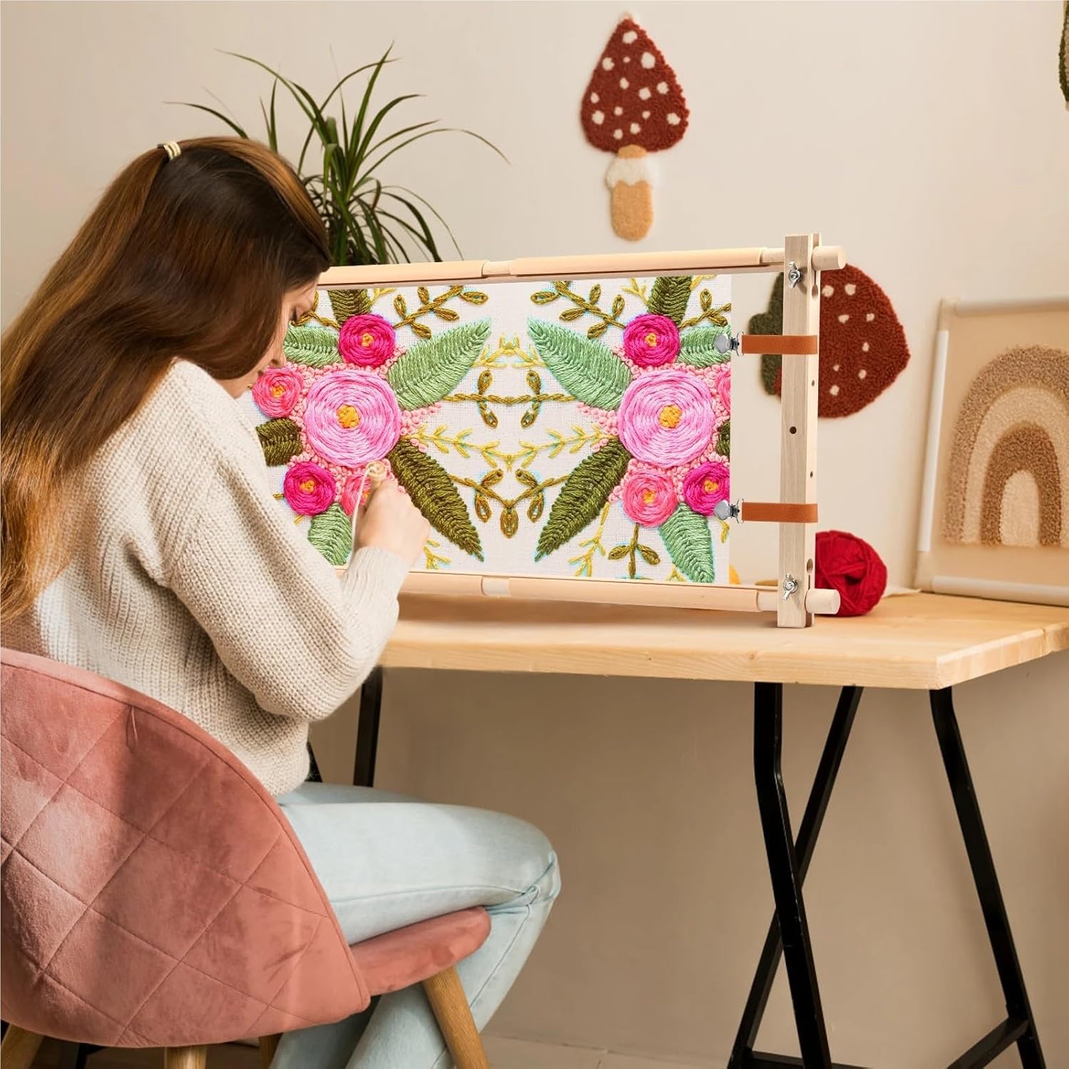 Embroidery Stand Embroidery Scroll Frame Wooden Cross Stitch Rotated Needlepoint Tapestry Adjustable(Rogue 84.5cm)