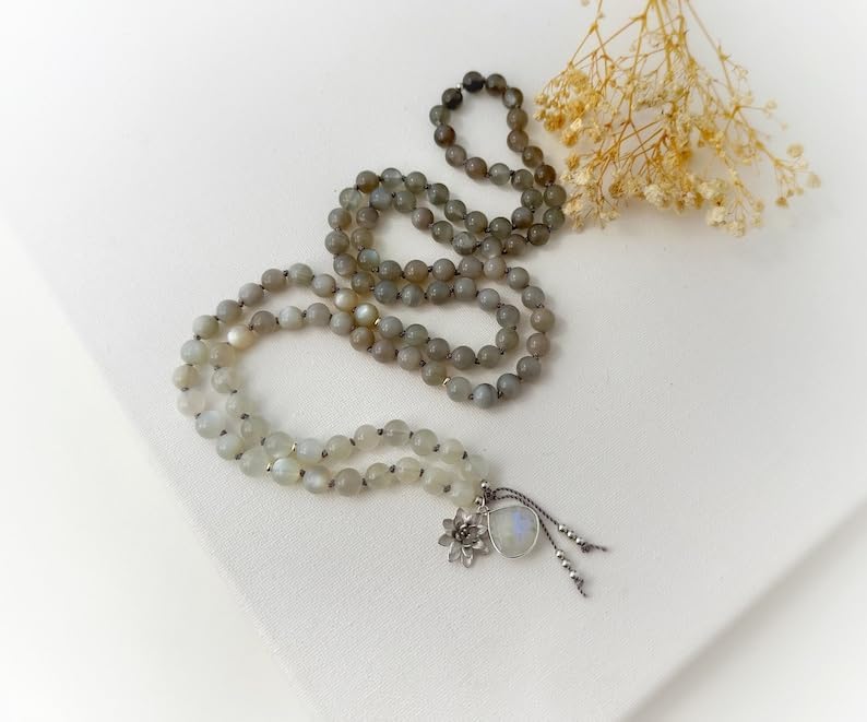 Natural Moonstone 6mm 108 Mala Beads, Spiritual, Meditation Beads, Reiki, Japa Mala, Buddhist Prayer Beads, Yoga Bracelet, healing beads LKMALA-RRGU-2172