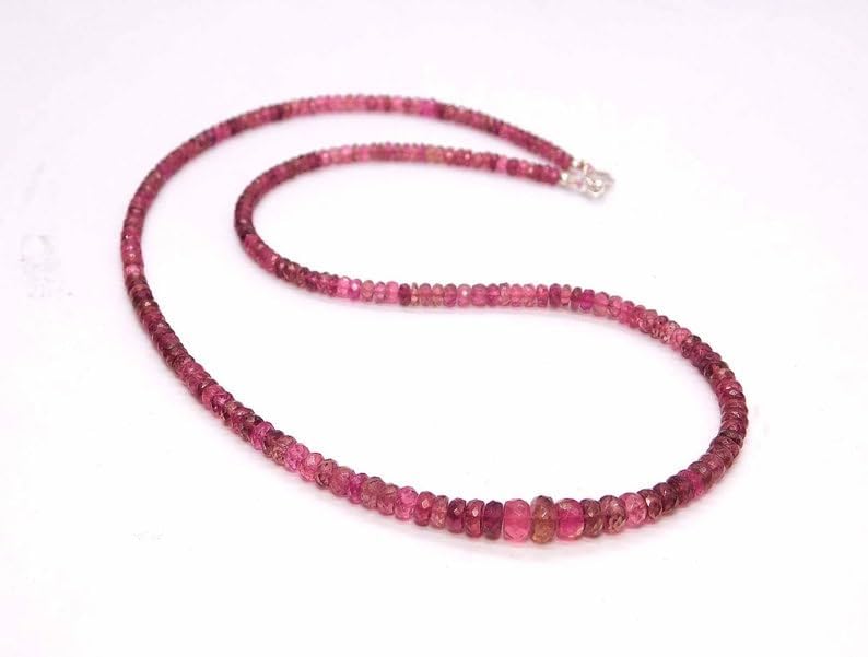 Natural Pink Tourmaline Faceted Rondelle Beaded Necklace 3-4mm | Handmade Pink Gemstone Jewelry | Elegant Pink Beaded Necklace for Women | October Birthstone Gift | Dainty Tourmaline Necklace