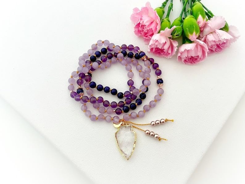 Natural Amethyst and Charoite 6mm 108 Mala Beads, Spiritual, Meditation Beads, Reiki, Japa Mala, Buddhist Prayer Beads, Yoga Bracelet, healing beads LKMALA-RRGU-2216