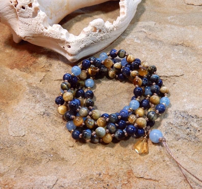Blue Tiger Eye, Yellow Tiger Eye, Aquamarine, Blue Dumortierite Stone Mala Beads, 108 Mala Necklace, Knotted Mala, WWG Necklace, Yoga Jewelry Meditation Beads Spiritual Jewelry Boho Jewelry