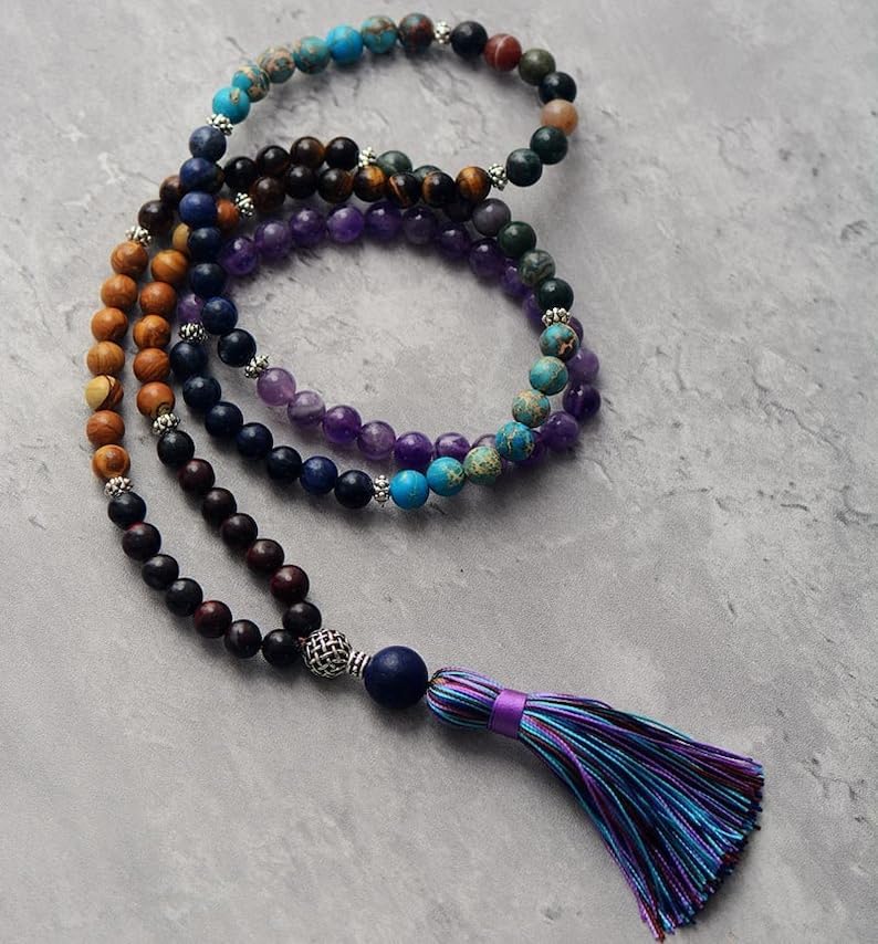 Natural Amethyst, Agate and Jasper Stone Mala Beads, 108 Mala Necklace, Knotted Mala, WWG Necklace, Yoga Jewelry Meditation Beads Spiritual Jewelry Boho Jewelry