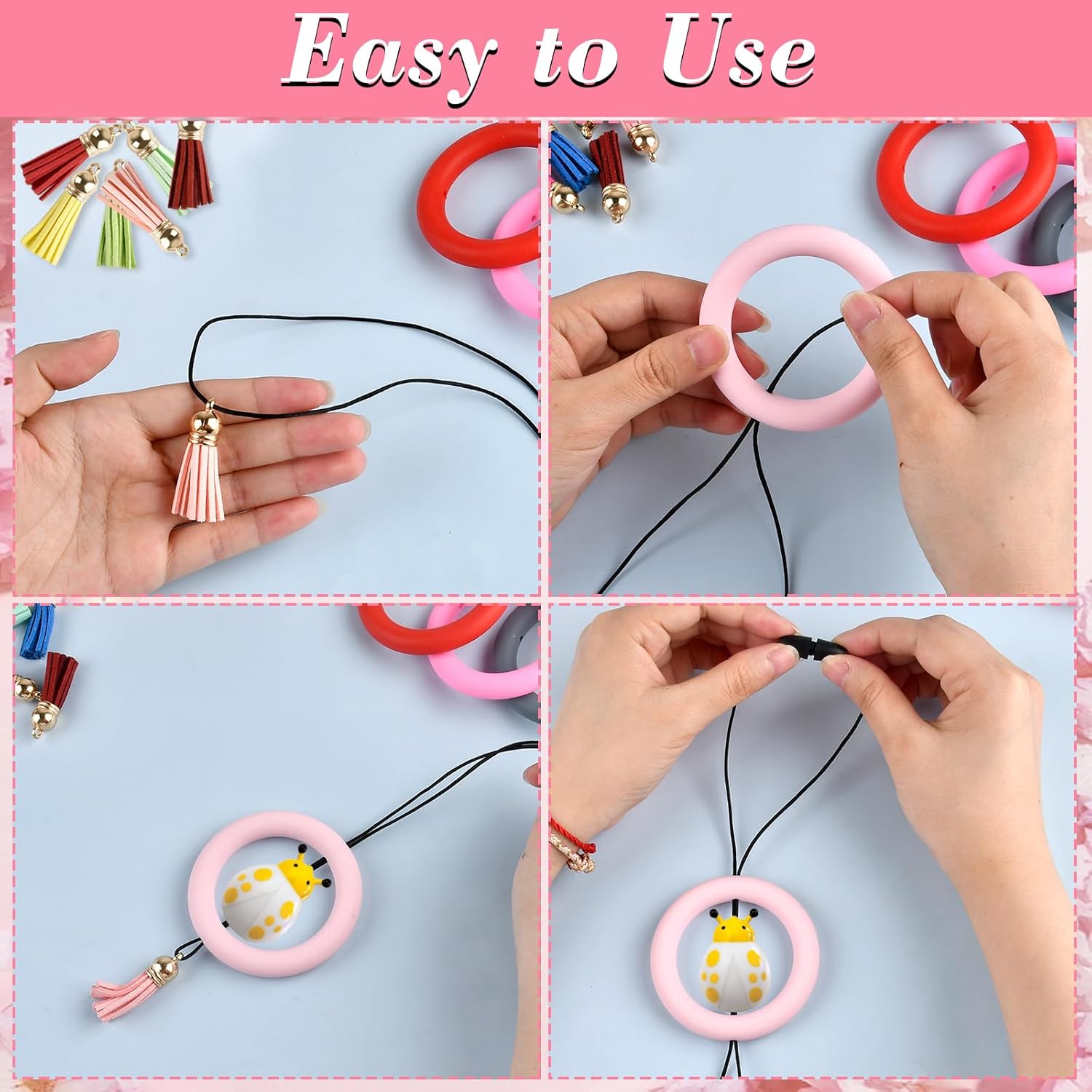 Boocalny 30 Sets Silicone Beadable Rings Making Kits, 65mm Round Silicone Bead Loop and Keychain, Tassels Bulk Leather Key Chain with Black Clasp, Silicone Pendant for DIY Bracelet Jewelry Necklace