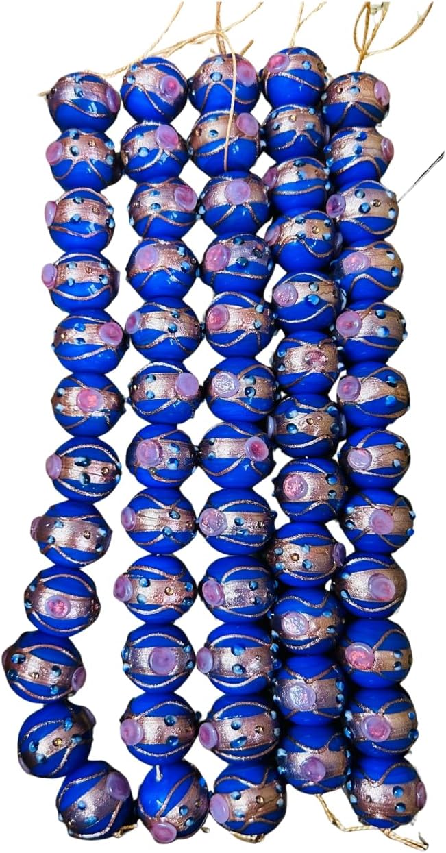 Handcrafted Blue Lampwork Glass Beads | 16mm Round Beads with Golden & Pink Detailing | Available in 10 Strands | Loose Beads for Jewelry Making, DIY & Accessories