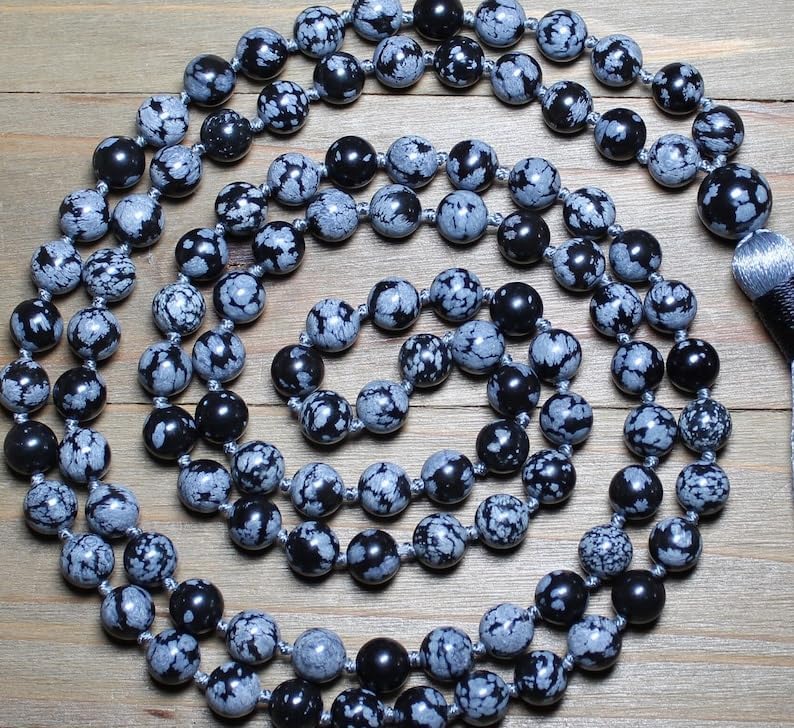 Natural Snowflake Obsidian 8mm 108 Mala Beads, Spiritual, Meditation Beads, Reiki, Japa Mala, Buddhist Prayer Beads, Yoga Bracelet, healing beads LKMALA-RRGU-3818