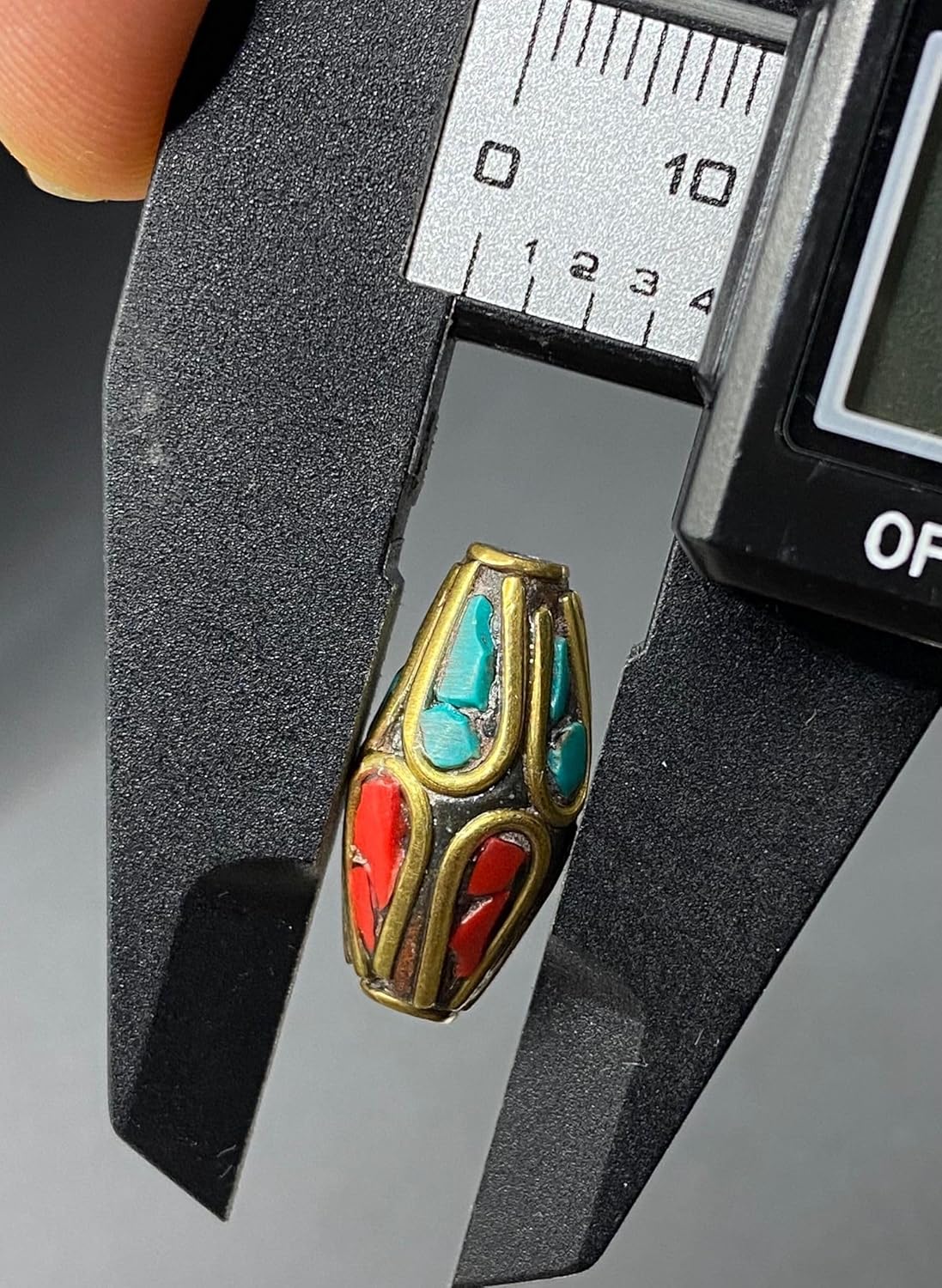 Old Antique Handcrafted 21x10mm Nepalese Tibetan Brass Bead with Turquoise & Coral Inlay – Vintage Ethnic Dzi Style Barrel Buddha Prayer Amulet Bead for Jewelry Making