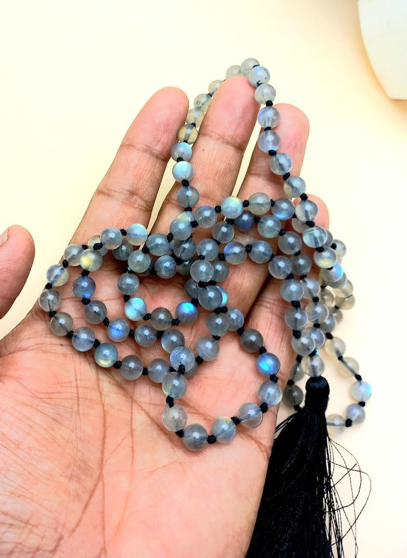 Natural Labradorite 8mm 108 Mala Beads, Spiritual, Meditation Beads, Reiki, Japa Mala, Buddhist Prayer Beads, Yoga Bracelet, healing beads LKMALA-RRGU-3088