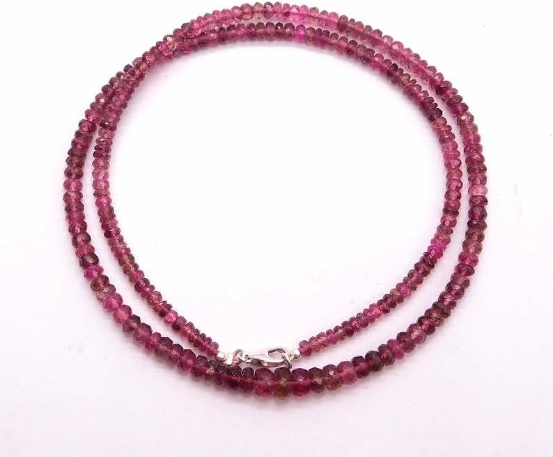 Natural Pink Tourmaline Faceted Rondelle Beaded Necklace 3-4mm | Handmade Pink Gemstone Jewelry | Elegant Pink Beaded Necklace for Women | October Birthstone Gift | Dainty Tourmaline Necklace