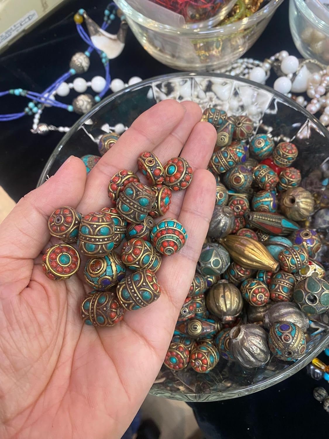 Old Antique 16x10mm Nepalese Tibetan Bead with Coral and Turquoise Inlay – 4.61g Handmade Brass Vintage Bead for Jewelry Making, Boho Crafts, Healing & Meditation Accessories (50)