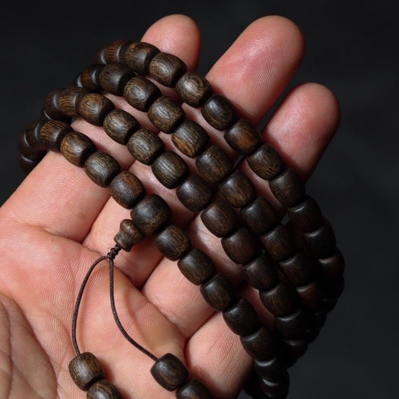 Hainan Soft-Fiber Black Agarwood 8mm*108 Beads Barrel-Shaped Old Wood Dominant Aroma with Bold, Outward-Projecting Scent Distinctive Grain Pattern