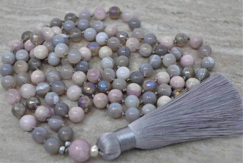 Natural Agate and Kunzite 8mm 108 Mala Beads, Spiritual, Meditation Beads, Reiki, Japa Mala, Buddhist Prayer Beads, Yoga Bracelet, healing beads LKMALA-RRGU-350