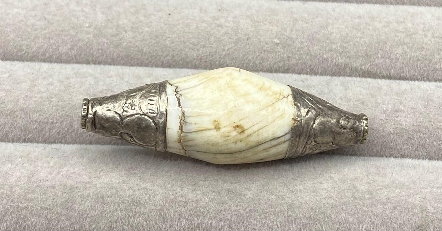 Handcrafted Nepalese Tibetan Natural Shell Pearl Bead with Afghan Silver Capped 44x15mm –9.55g Barrel Carved Bead for Jewelry Making, Craft Supplies, DIY Necklace & Bracelet Design (20)