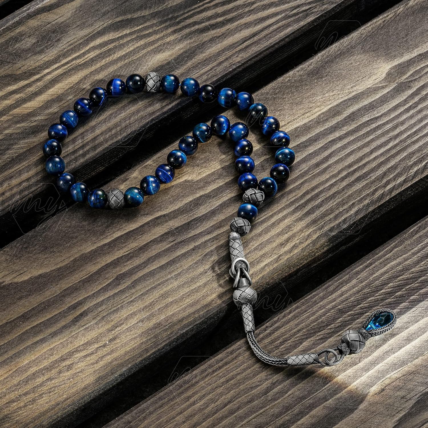 1000 Ct Silver Turkish Kazaz Blue Tiger's Eye Islamic 33 Prayer Beads Tasbeeh