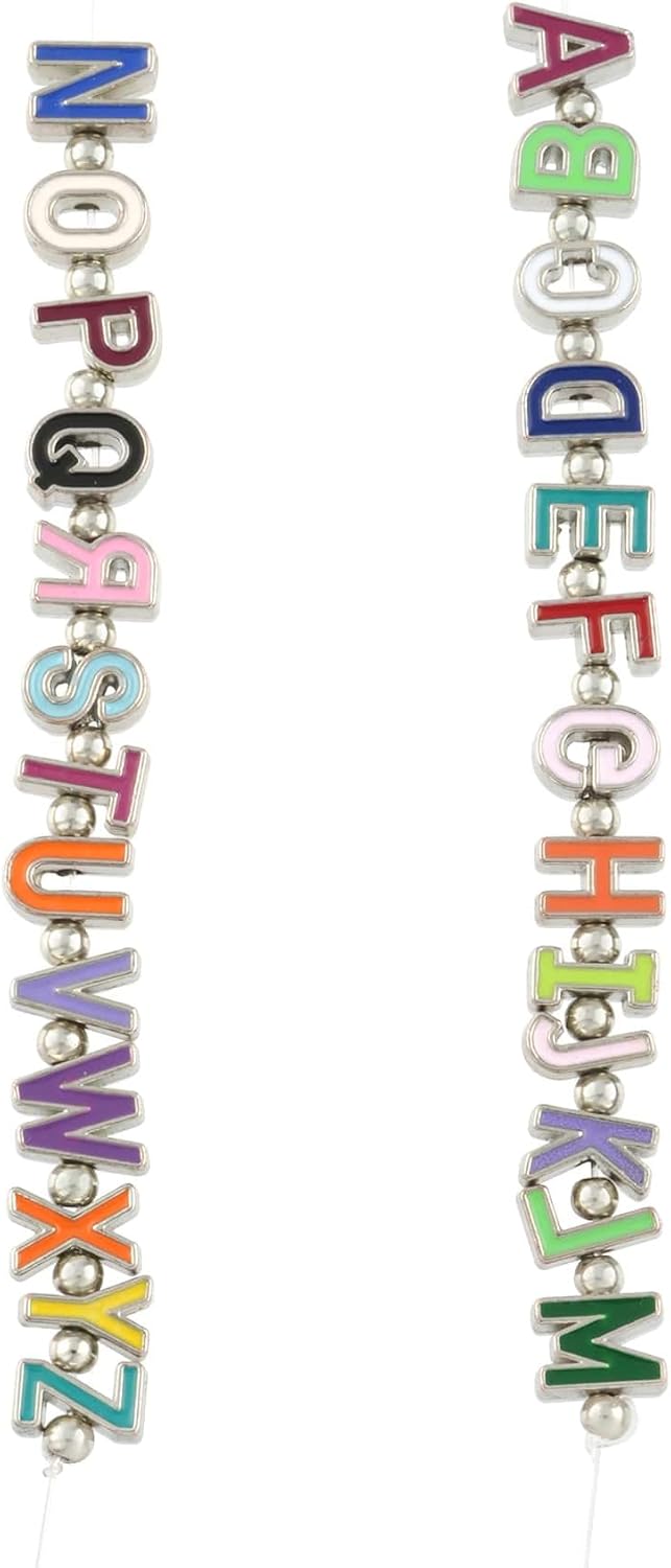 Bead Landing Rhodium Mixed Enamel Metal Alphabet Beads (5mm–10.5mm) with Spacer Beads – 12 Pack of Nickel-Free Zinc Alloy Beads for Jewelry Making, Bracelets, Necklaces & DIY Crafts