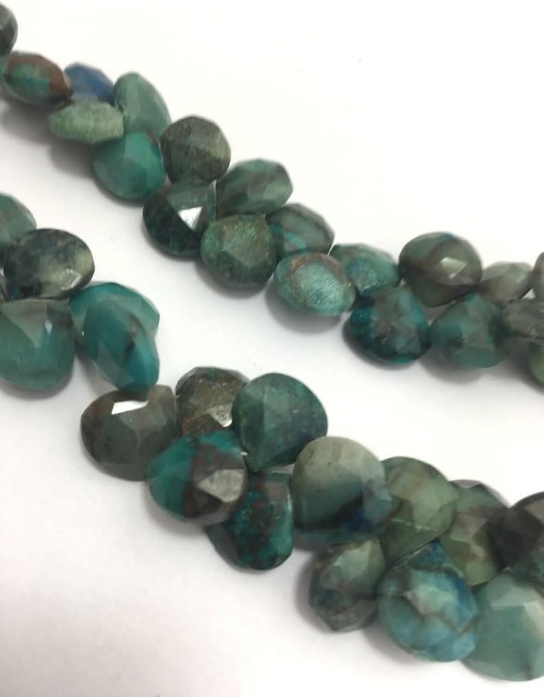 8 inch Strand of Natural Chrysocolla 9-10 mm Heart Faceted briolette Beads for DIY Jewelry Making. |BRIO_02230