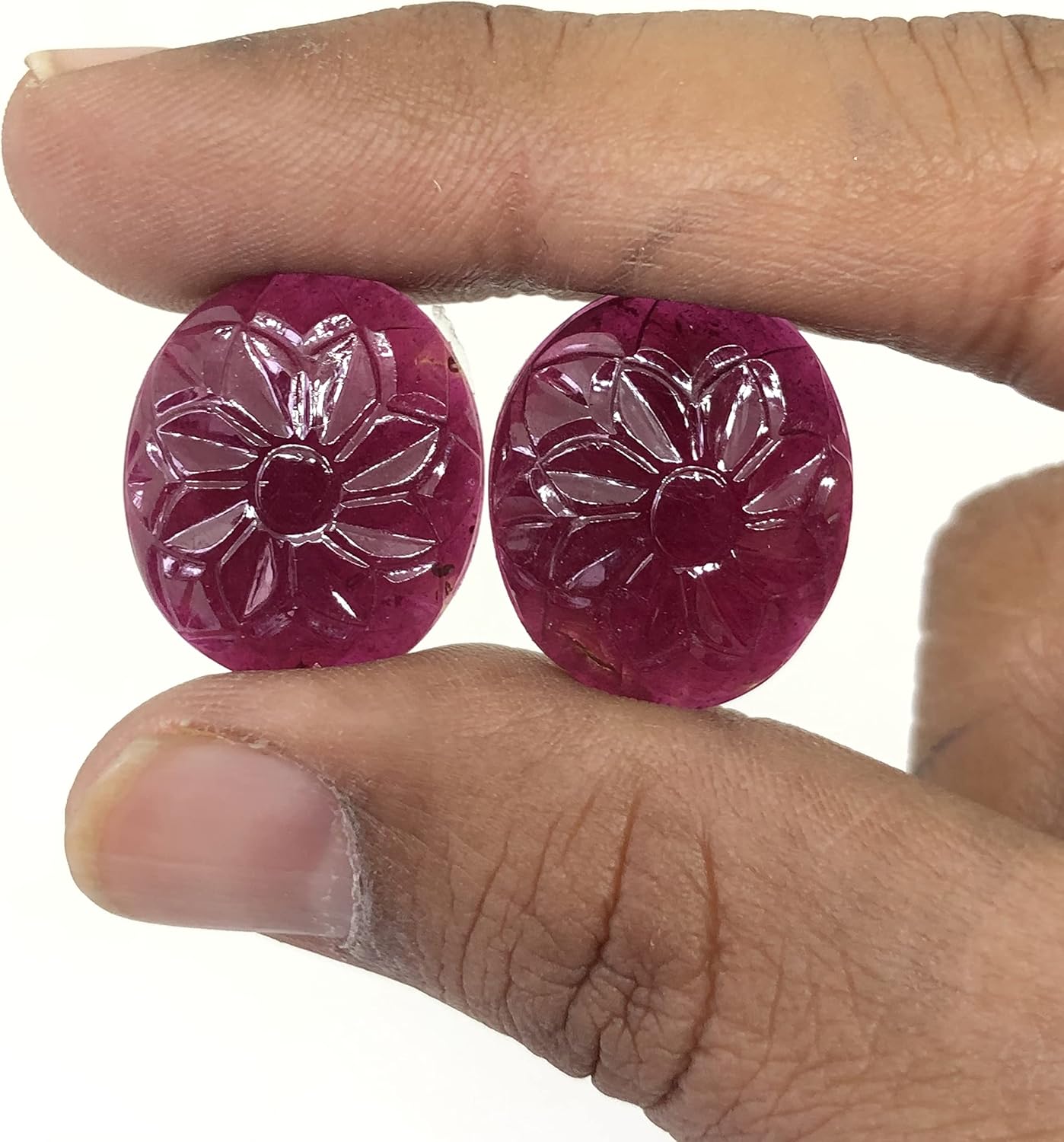 59.44 Ct Pair Deep Red Ruby Hand Carved Oval Shape Size 23x20 mm Top Quality Ruby Loose Flower Design Gemstone Best For Making Earring, Pendant Jewelry