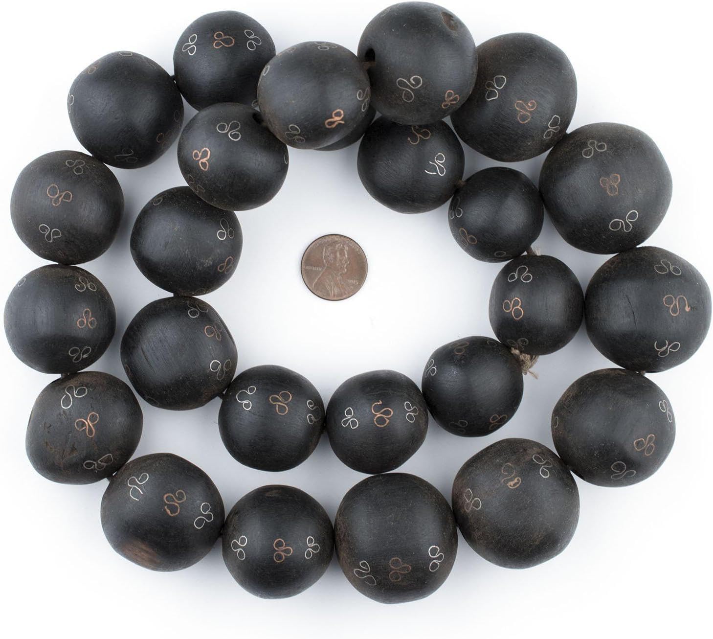 The Bead Chest Jumbo Round Inlaid Mali Ebony Wood Beads 30mm African Black Large Hole 30 Inch Strand Handmade