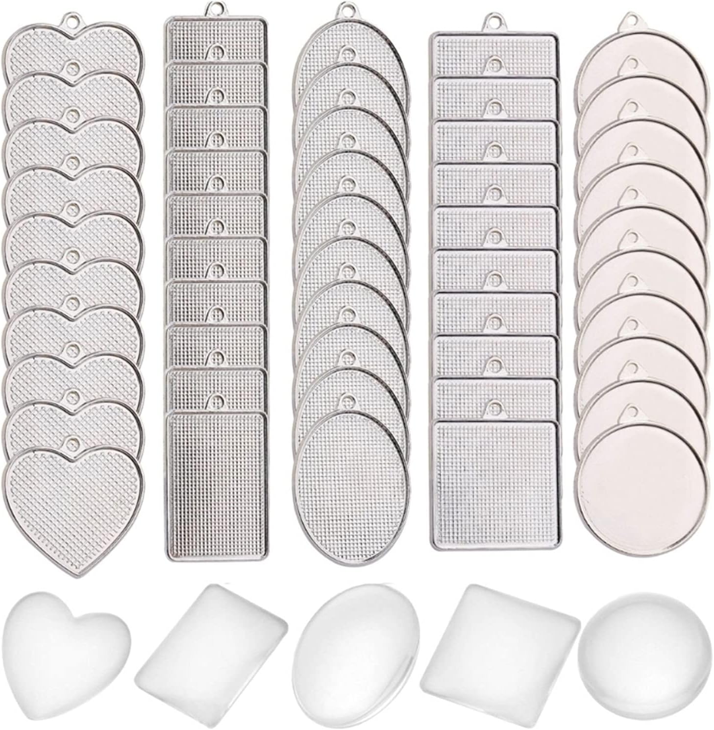 OP 100Pcs 5 Styles Double Sided Pendant Trays with Bright Glass Cabochon Dome Tiles for Crafting DIY Jewelry Gift Making T123
