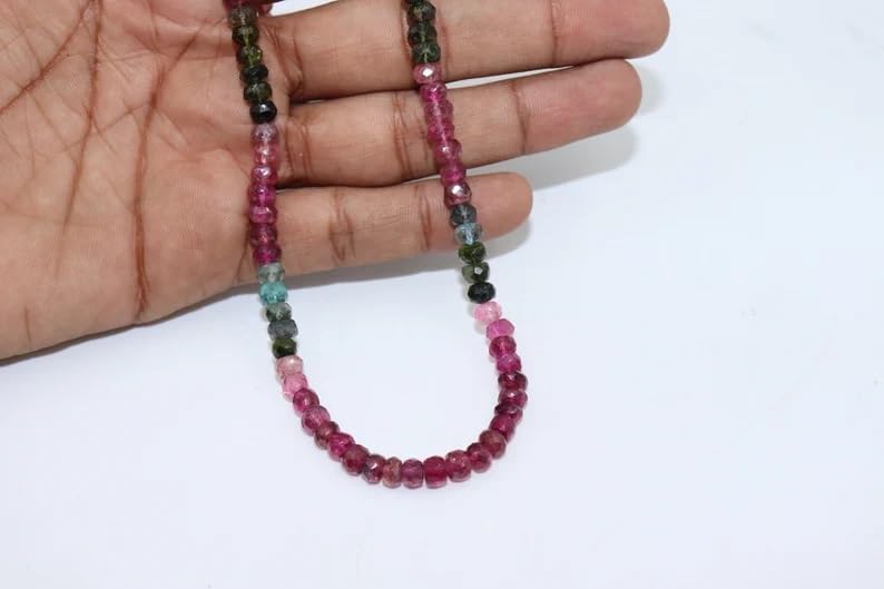 Natural Multi Tourmaline Faceted Rondelle Beads 6.5mm Neckalce with Sterling Silver 925 Clasp Gift for Her for Making Jwelery
