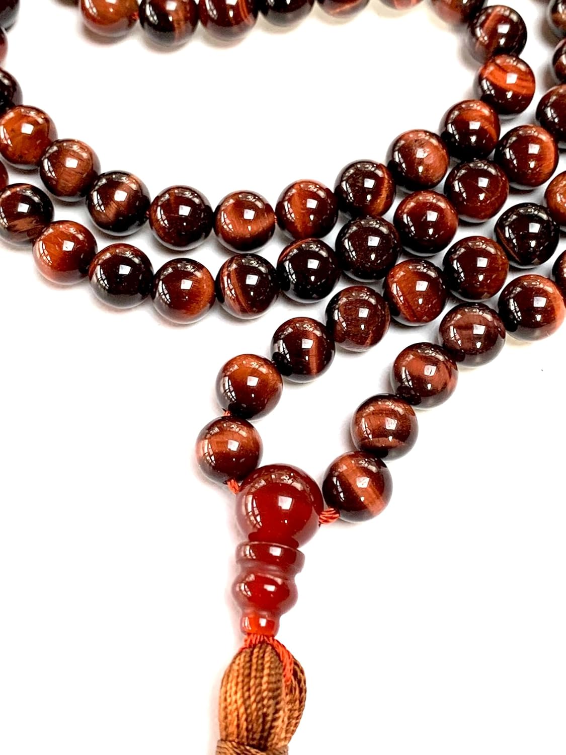 AWAKEN YOUR KUNDALINI Red Tiger's Eye Tiger Eye Beaded Mala Necklace - 8mm 108 Prayer Beads Rosary - Power, Authority, Boost Libido, Vitality