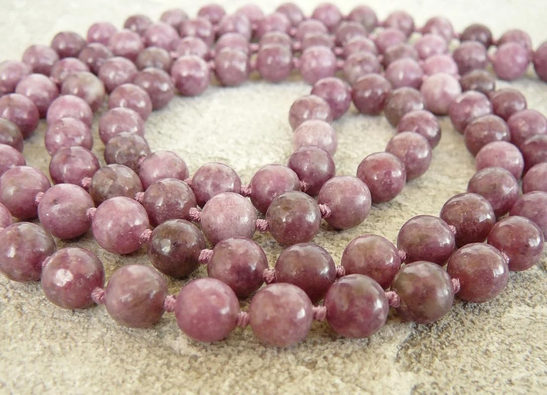 AAA Natural Lepidolite 108-Bead Mala – Hand-Knotted Prayer & Meditation Necklace with Tassel & 10mm Gemstone Beads