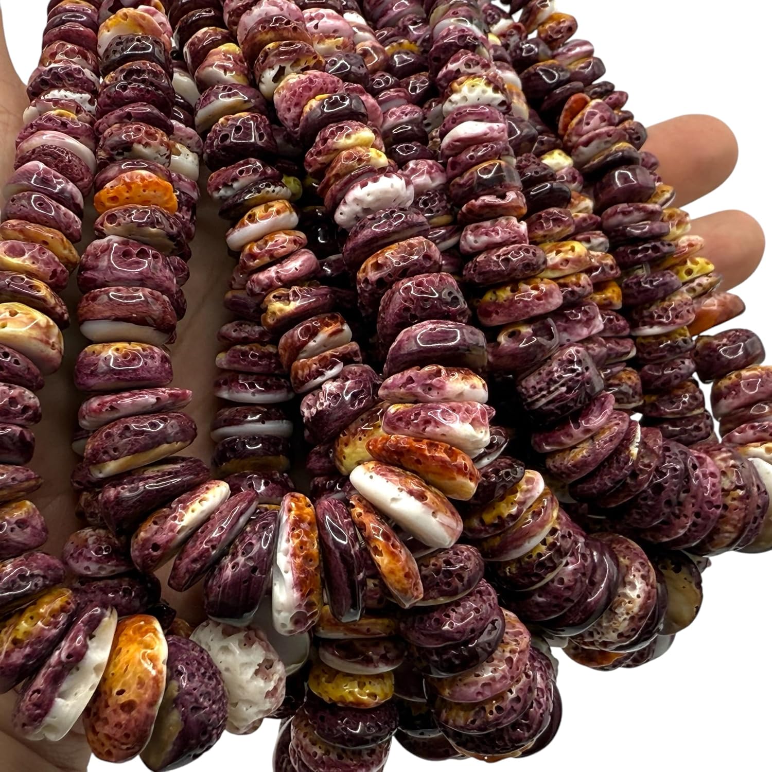ABCGEMS Gigantic Purple Spiny Oyster Shell Beads (Ethically Sourced- Small Batch Production) Raw Texture with Yellow Highlights - Ocean Formed Pinholes Over 10+ Years - Heishi 8-20mm (Graduated)