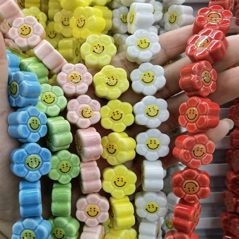 Davitu 50pcs 18mm Sunflower Smile Face Ceramic Beads Fashion DIY Loose Spacer Bead for Jewelry Making Bracelet Necklace Earring - (Color: White, Item Diameter: 18mm 50pcs)