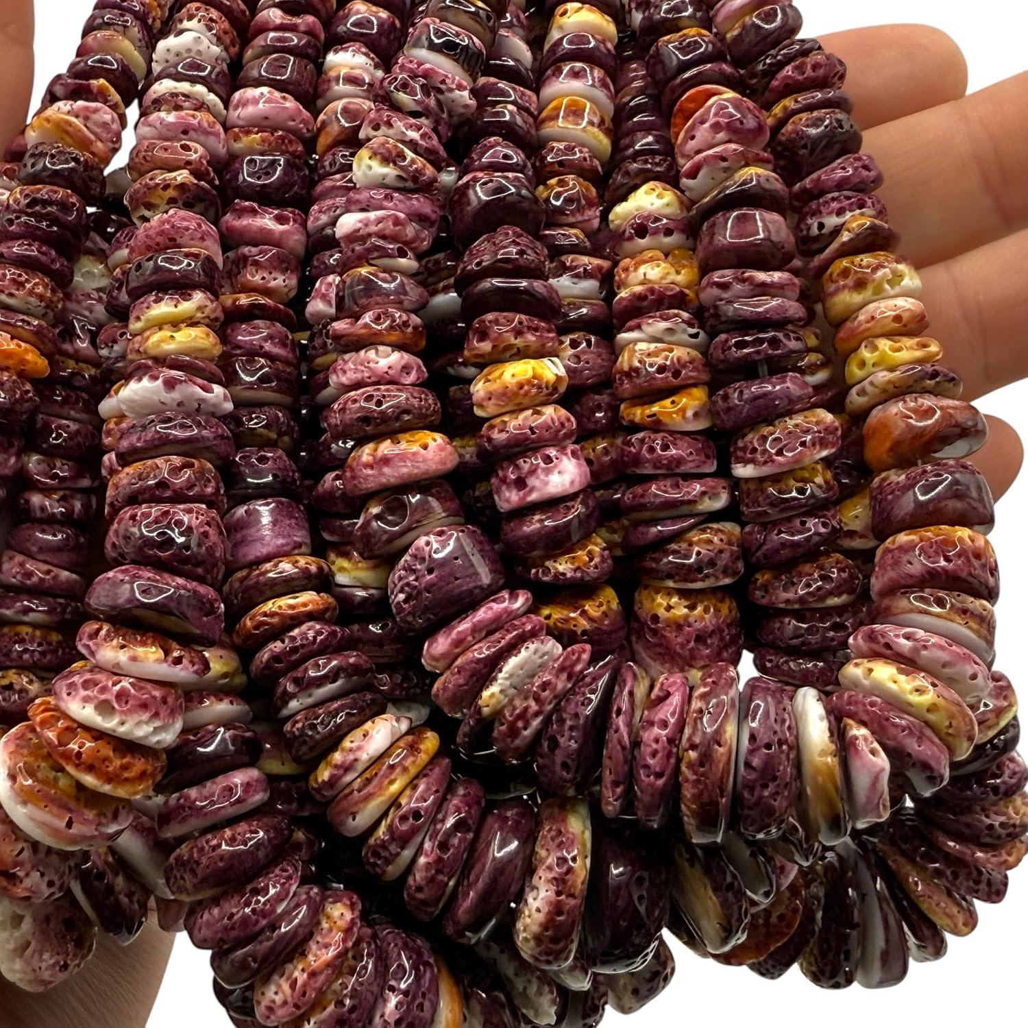 ABCGEMS Gigantic Purple Spiny Oyster Shell Beads (Ethically Sourced- Small Batch Production) Raw Texture with Yellow Highlights - Ocean Formed Pinholes Over 10+ Years - Heishi 8-20mm (Graduated)