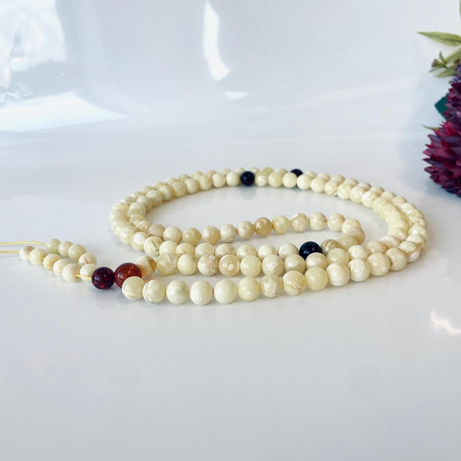 AMBERSTONE Milky Amber Mala Prayer Beads - Buddhist Rosary for Chanting Mantra - Natural Baltic Amber - Premium Handmade Japa for Meditation - 108 Beads / 41.8 g