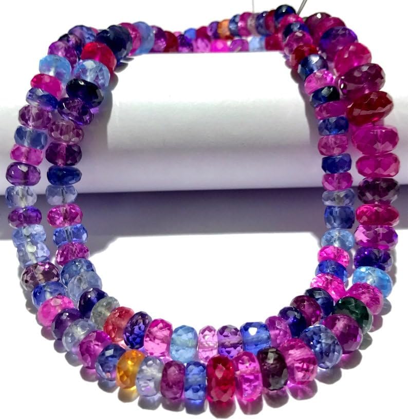 Natural Multi Sapphire roundelle facated Beads 5-7.5 MM 19 inch Long String Jewelry Making Gemstone Beads for Necklace Bracelet