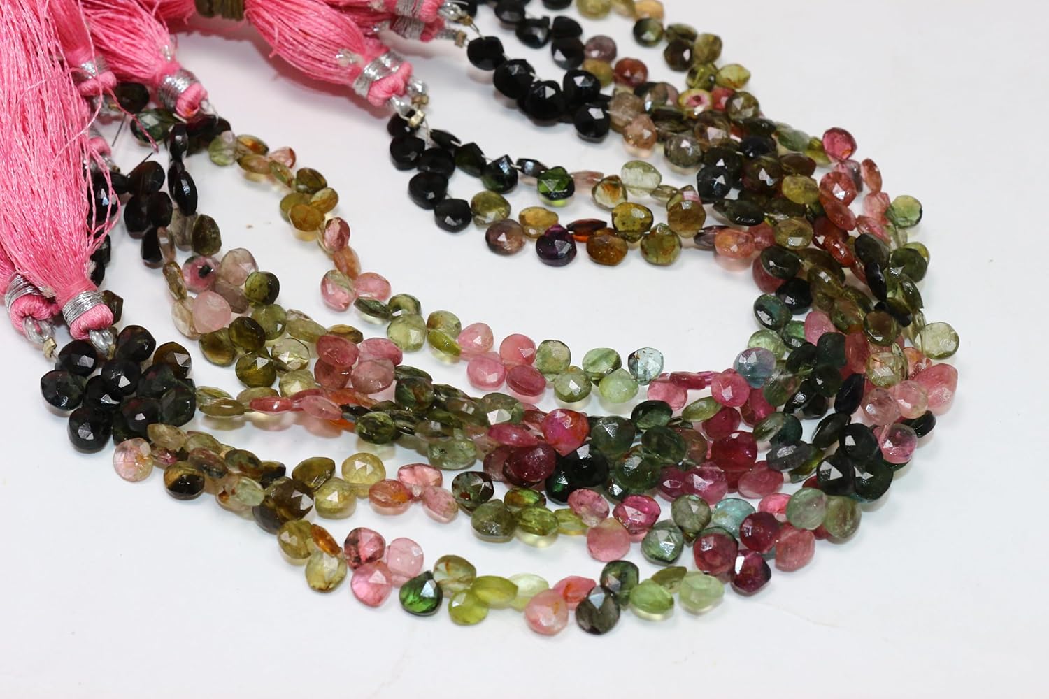 Natural Multi-Colored Tourmaline Heart Shaped Faceted Beads, Pink Green Black, 5-6mm Size, 8 Inch Strand with Tassel