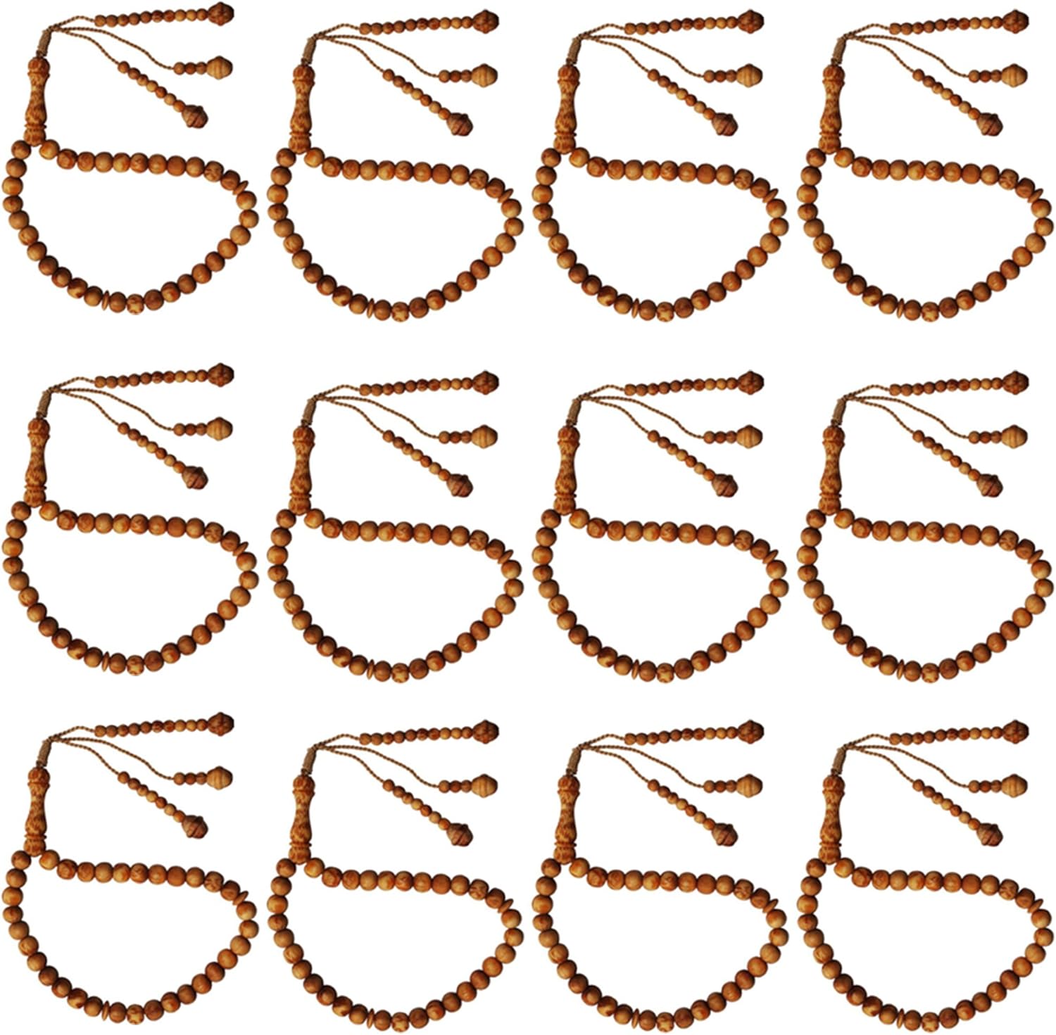 Lot of 12 - Naturally Scented 33-Bead Pine Pitch Wood Prayer Beads Rosary- 8mm Wood Tasbih Tespih