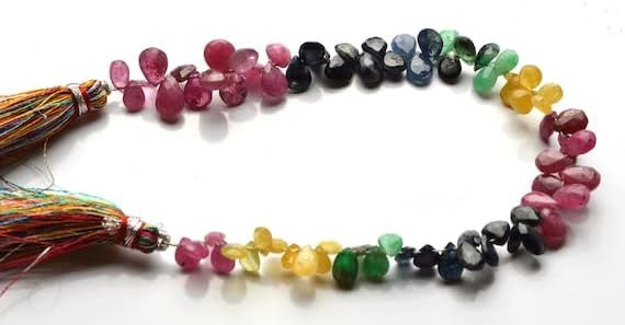Beads Gemstone 1 Strand Natural 7 Inch Long Super Natural Multi Precious Faceted Emerald, Ruby, Blue Sapphire,Yellow & Pink Sapphire Pear Shape Briolettes 5 to 8 MM Code-HIGH-21744
