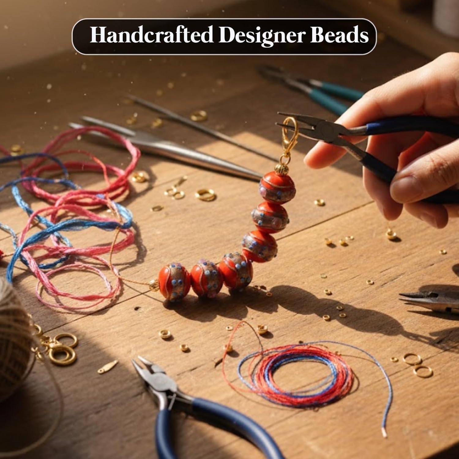 Handcrafted Red Designer Glass Beads | 16mm Murano Style Lampwork Beads with Blue & Pink Floral Accents | Available in 10 Strands | Jewelry Making, DIY & Crafts.