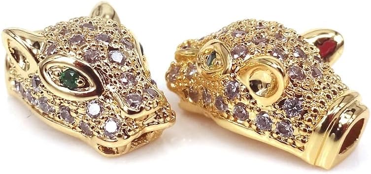 Davitu Silver Gold Color Green Eye Leopard Head Bead,Micro Pave White cz Cubic Zircon Leopard Head Bead for Bracelet Making Spacer Bead - (Color: Black)