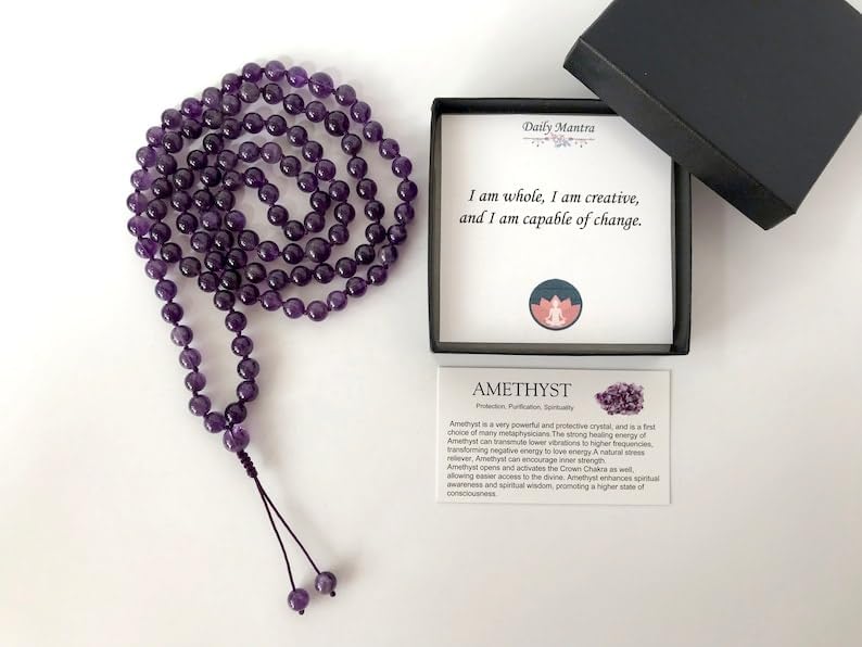 Natural Amethyst 8mm 108 Mala Beads, Spiritual, Meditation Beads, Reiki, Japa Mala, Buddhist Prayer Beads, Yoga Bracelet, healing beads LKMALA-RRGU-3295