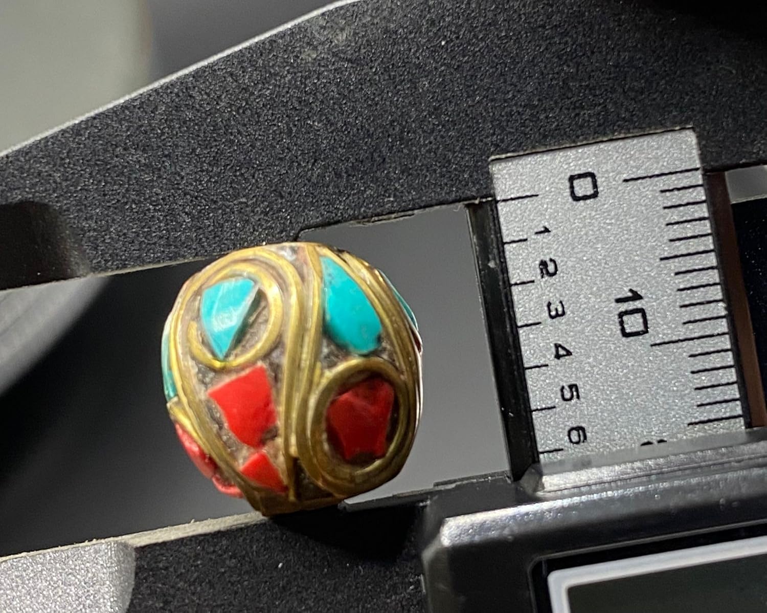 Old Antique 16mm Nepalese Tibetan Bead with Turquoise and Coral Inlay –16mm 5.7g Handmade Vintage Brass Bead for Jewelry Making, Meditation, Healing, and Boho Crafts (50)